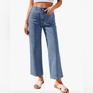 Women's Size Medium High Waist Straight Wide Leg Cropped Denim Jeans Medium Wash